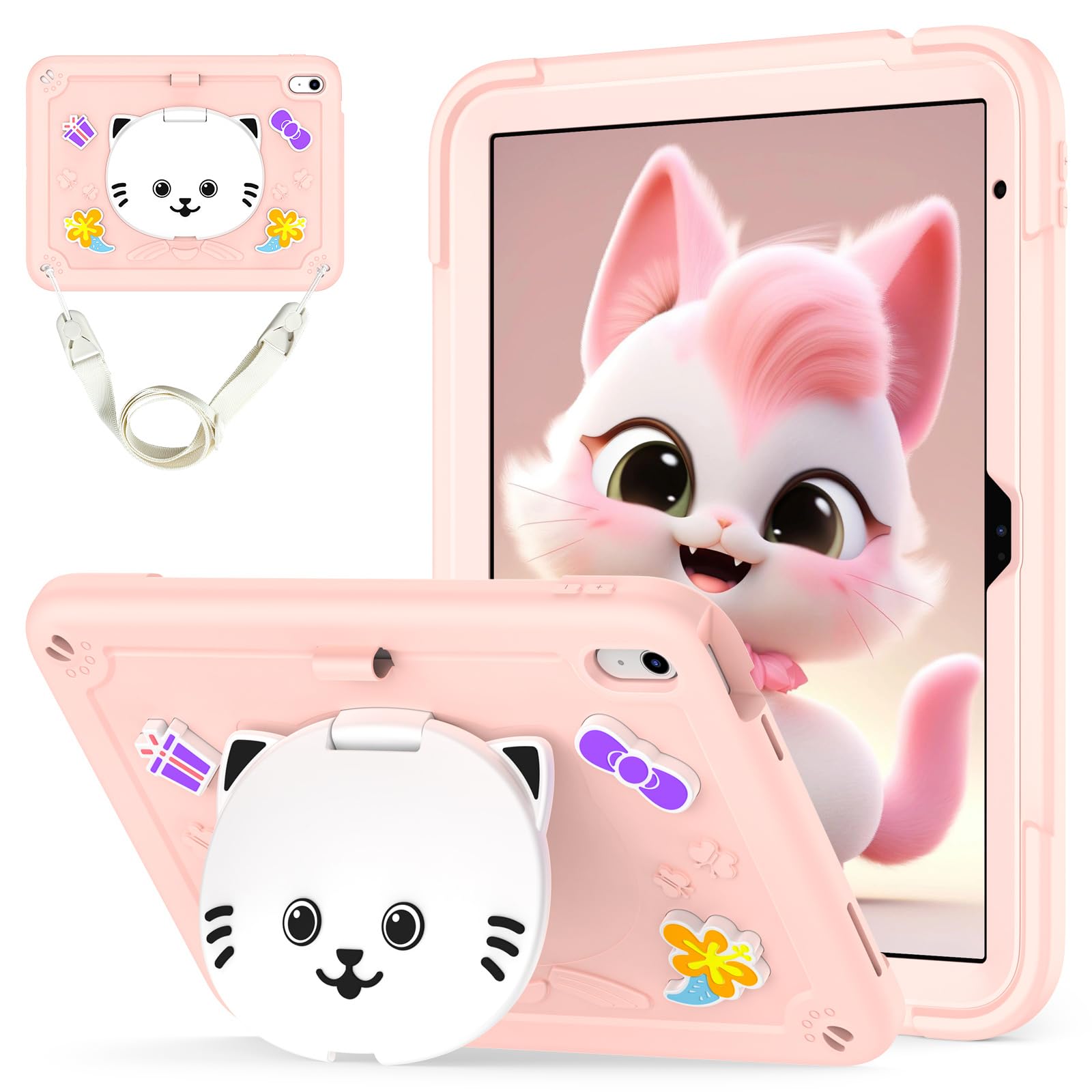 Protection iPad 10e génération enfant rose avec support de chat antichoc - 8