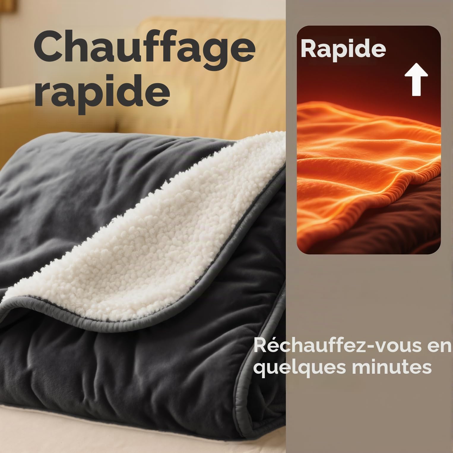 Couverture chauffante électrique 2025 améliorée – Couverture électrique en flanelle douce, avec 4 niveaux de chaleur et 1 à 4 heures d'arrêt automatique, lavable en machine (120 x 160 cm