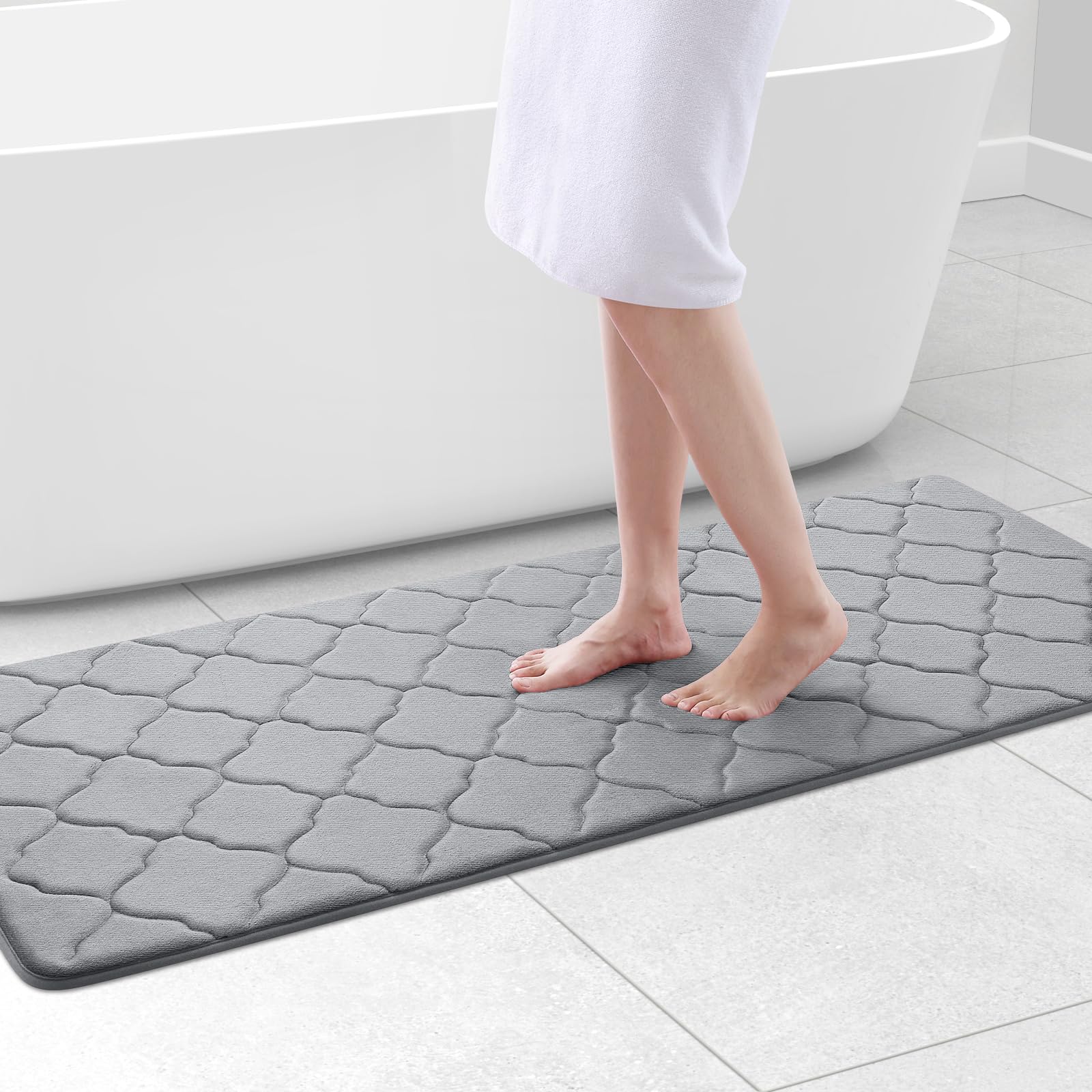 OLANLY Memory Foam Bath Mat Rug 59x24, Ultra Soft Non Slip and Absorbent Bathroom Rug, Machine Wash Dry, Comfortable, Thick Bath Rug Carpet for Bathroom Floor, Tub and Shower, Grey