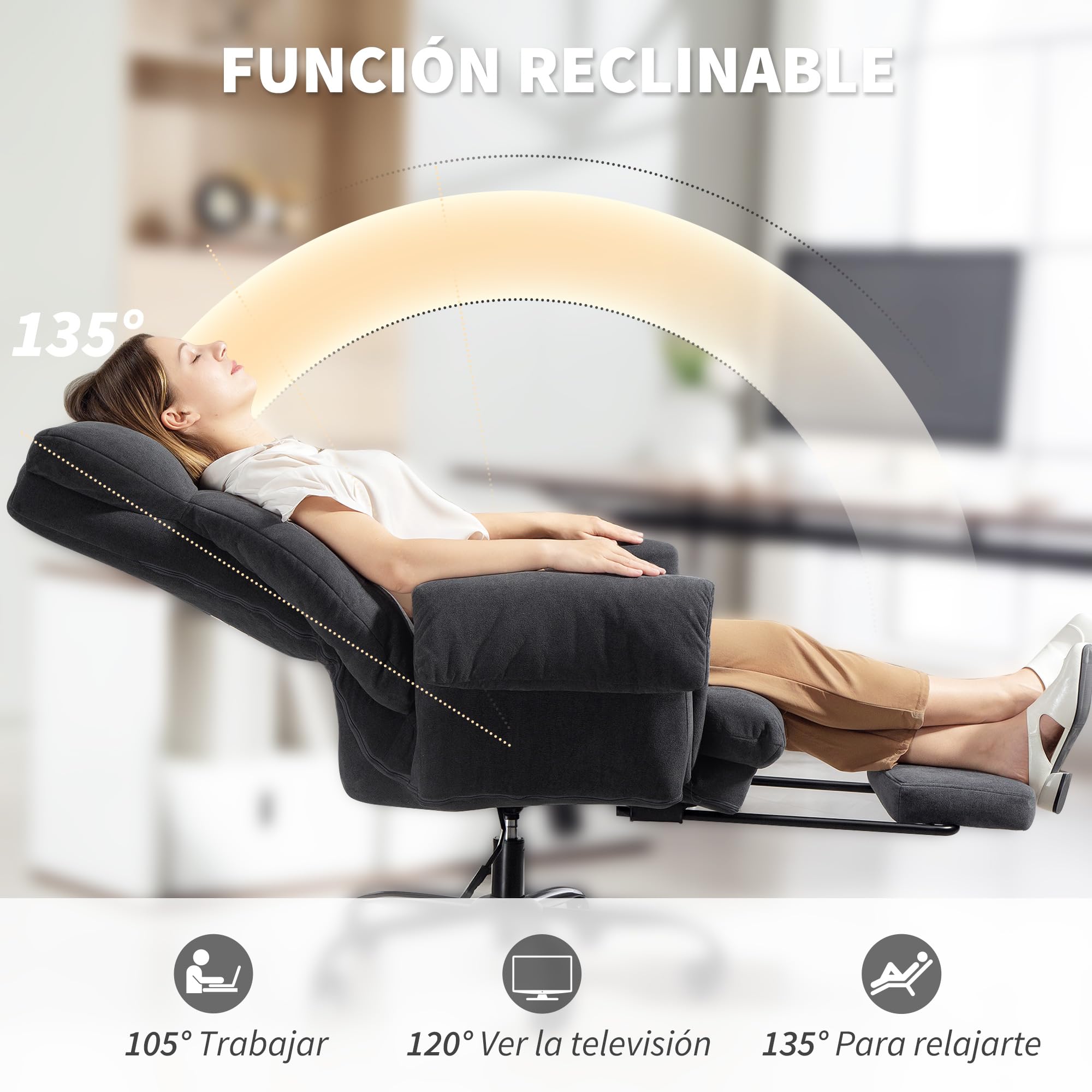 HOMCOM Silla de Escritorio con Reposapiés, Silla de Oficina Giratoria, con Respaldo Reclinable y Alto, Asiento y Reposabrazos Anchos, Acolchado Grueso, Tapizada en Terciopelo, Altura Ajustable, Gris