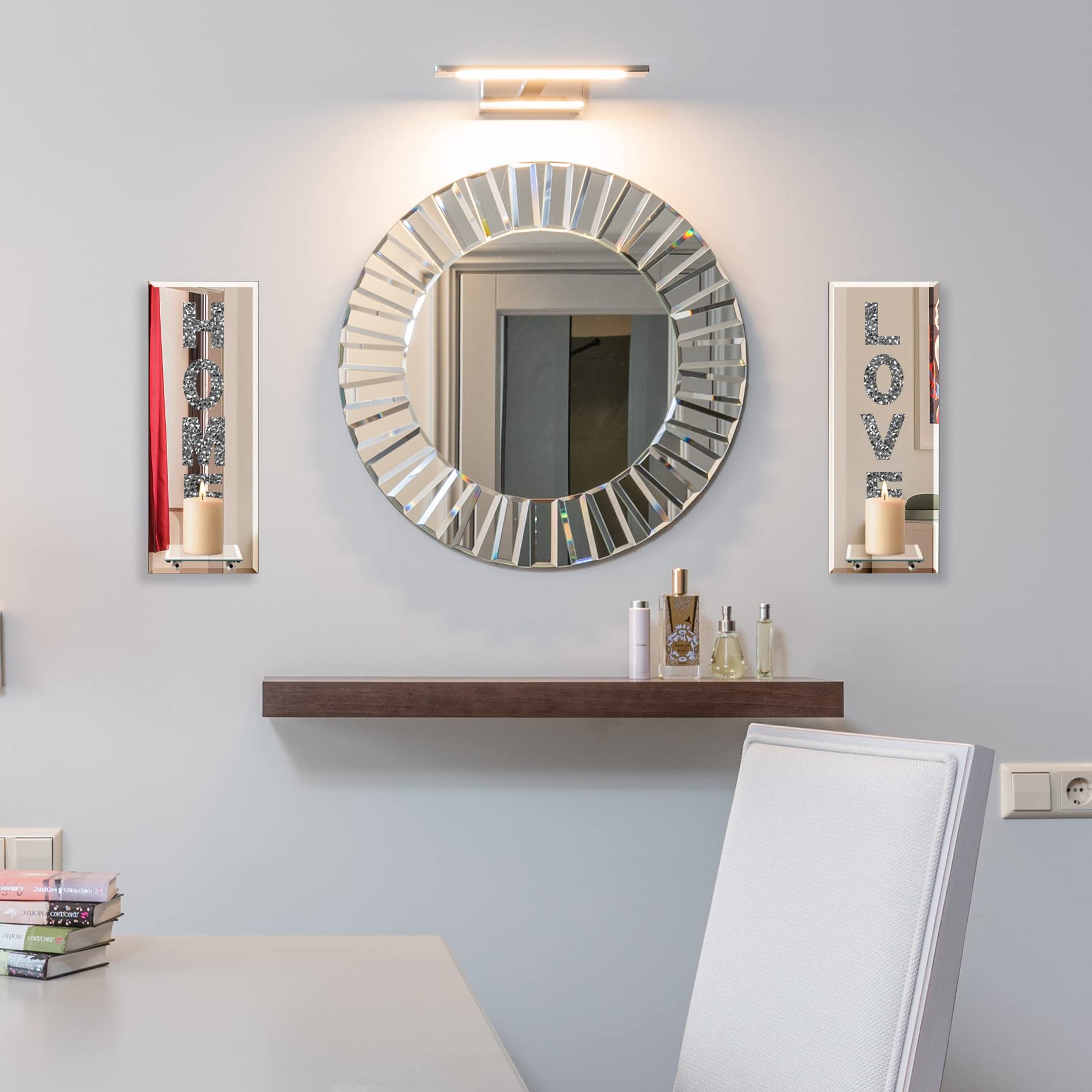 Phore Wall Sconce Candle Holder Set of 2 Crystal Crush Diamond Mirrored Candle Sconces Love & Home Letter Wall Decorations for Living Room, Dining Room, Bedroom, Bathroom