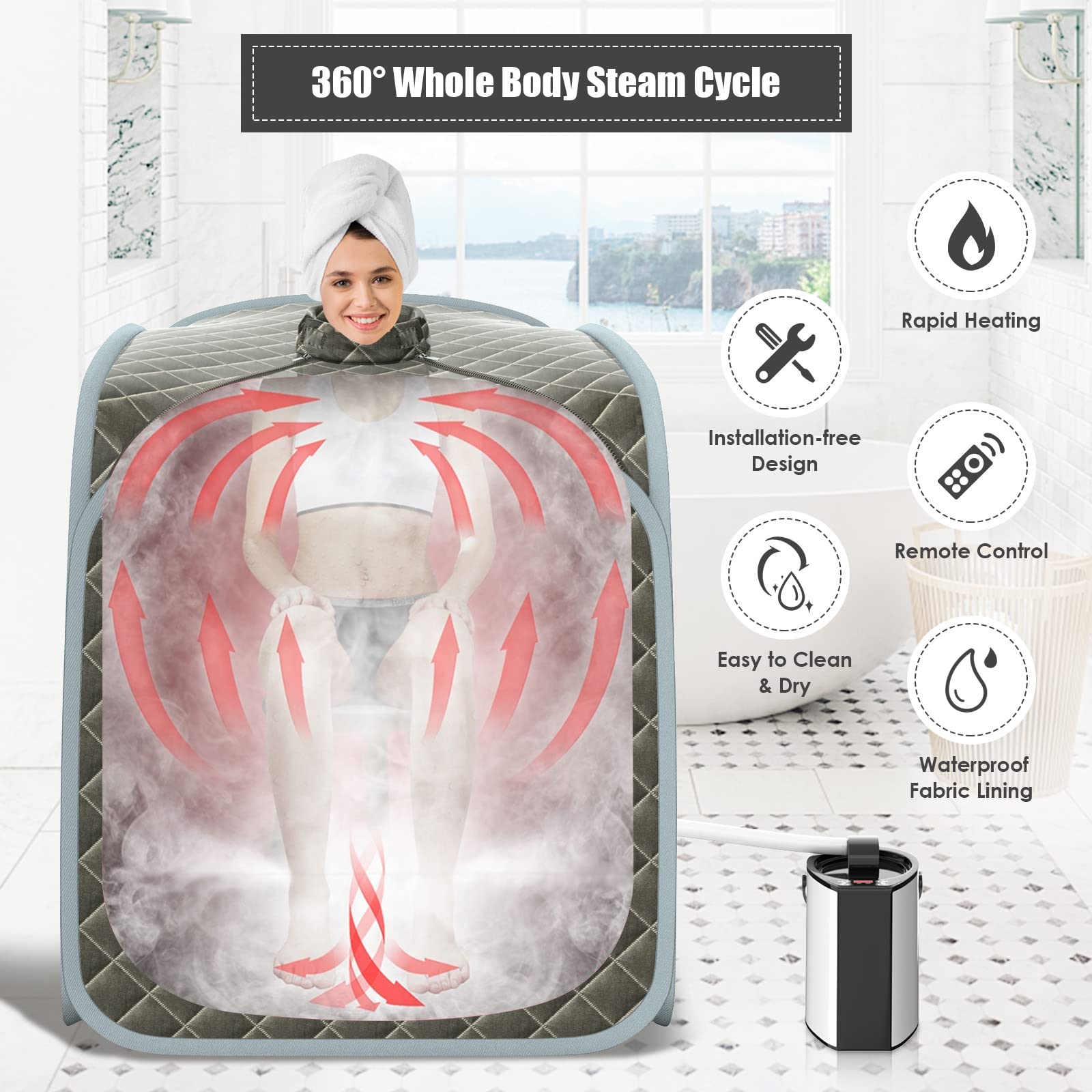 COSTWAY Portable Steam Sauna, 3L Foldable Sauna Spa with Remote Control, 9-Gear Temperature and Timer, Atomization Function, Personal Sauna Tent for Weight Loss, Detox Relaxation at Home (Grey)