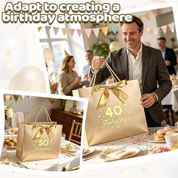 Yiran 40 Fabulous Gift Bags, 40th Birthday Gift Bags with Hands, Champagne Gold Gift Wrapping Paper Bag, 40th Birthday Party Anniversary Decorations