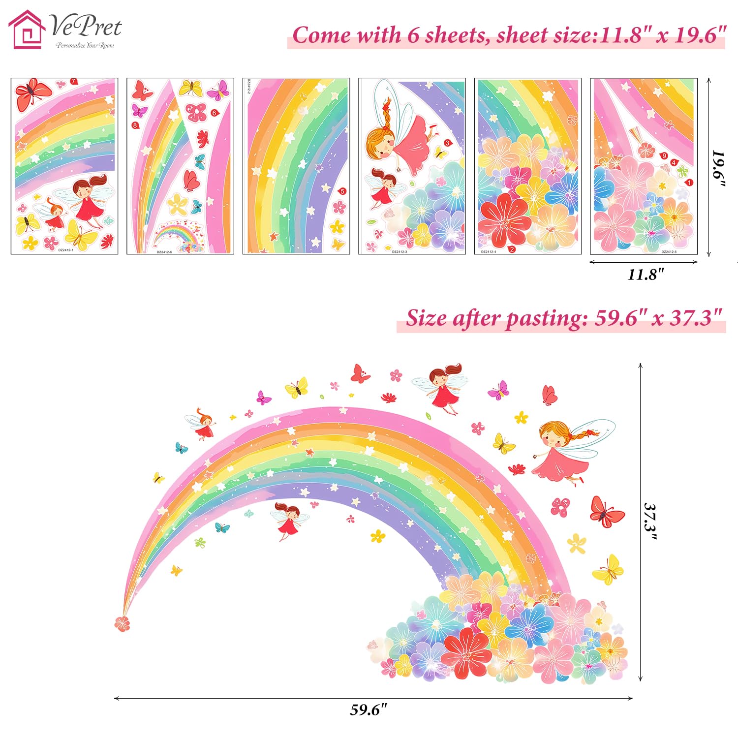 VePret Pink Rainbow Flowers Wall Decals Peel and Stick, Large Fairies Butterflies Wall Stickers & Murals - Image 3