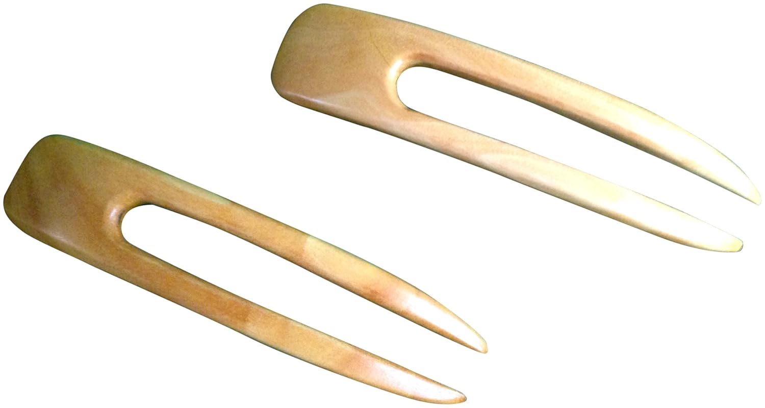 (2) Yellow Teak Wood Two Prong Curved 4.5 Inch Hair Stick Pick Pic Pin Fork