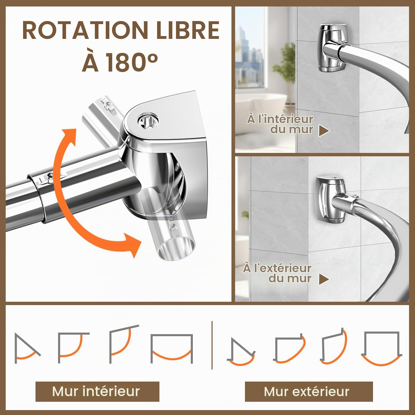Tringle à rideau de douche incurvée réglable de 109 à 198 cm, en acier inoxydable de qualité supérieure, à percer, pour salle de bain, baignoire, antirouille, argenté
