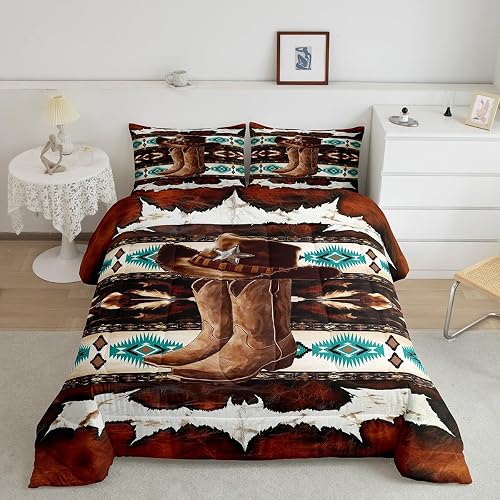 Feelyou Cowboy Hat Boots Comforter Set King Size Cowhide Cow