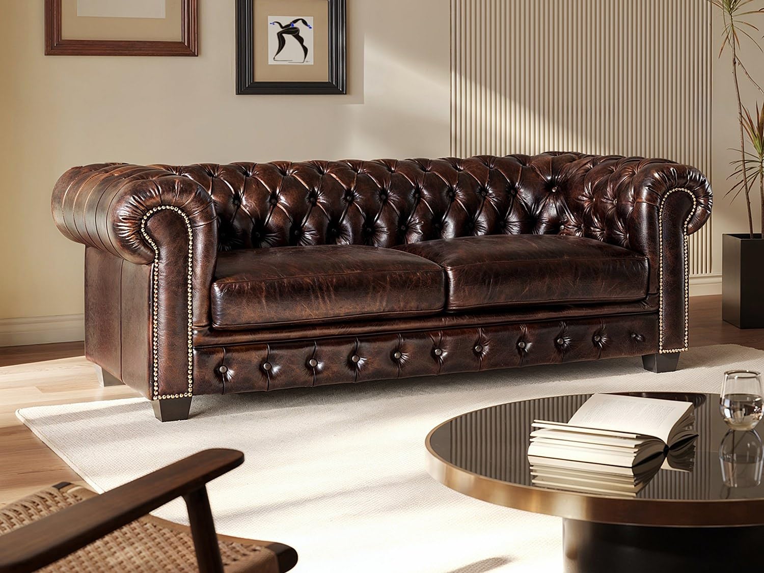 Harris Tweed Chesterfield 3 Canapé Places C001YM M Cuir Marron
