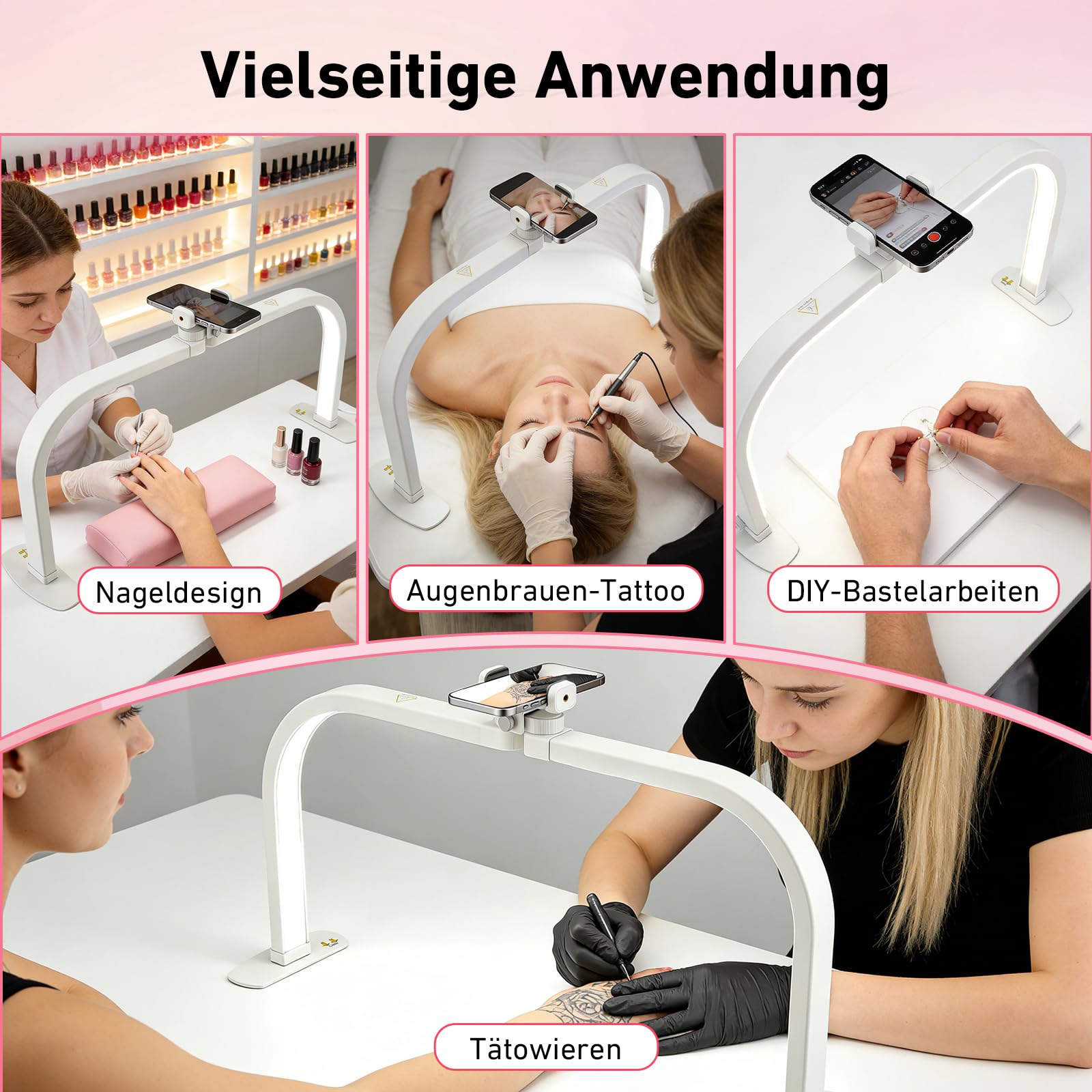 Halbmond Lampe Desktop, 70cm/27.5" Extra Groß Faltbare LED Halbmondlampe mit Handyhalter für Nagel Schreibtisch 3 Farbmodi 10 Helligkeiten Einstellbar Nageltisch Lampe für Schönheit, Wimpern, Tattoo