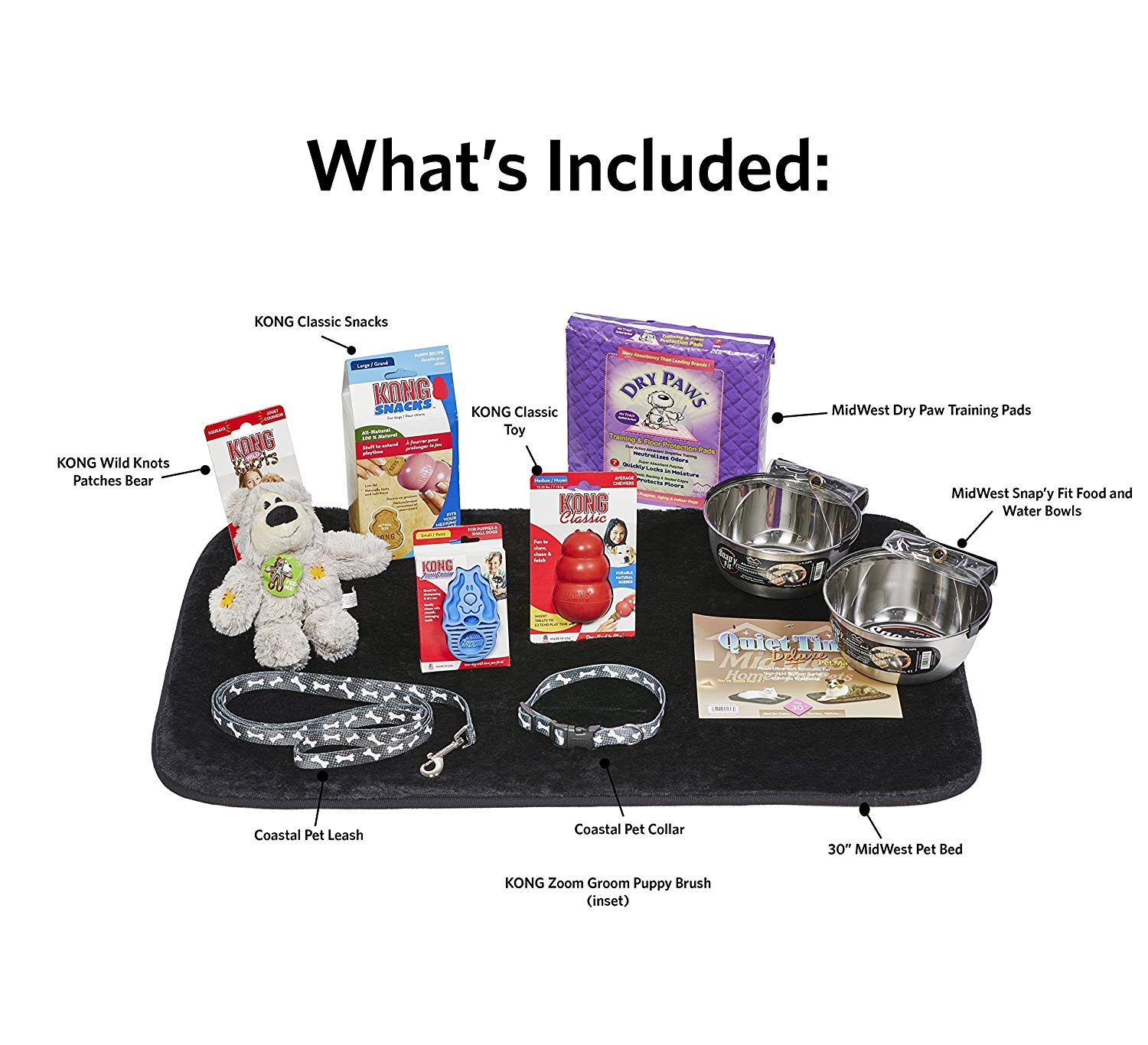 Welpen-Starter-Set für mittelgroße Hunderassen, Set beinhaltet: Kong Classic Spielzeug und Leckerlis, Coastal Hundeleine und Halsband, Midwest Hundenäpfe, Hundebett und Trainingspads