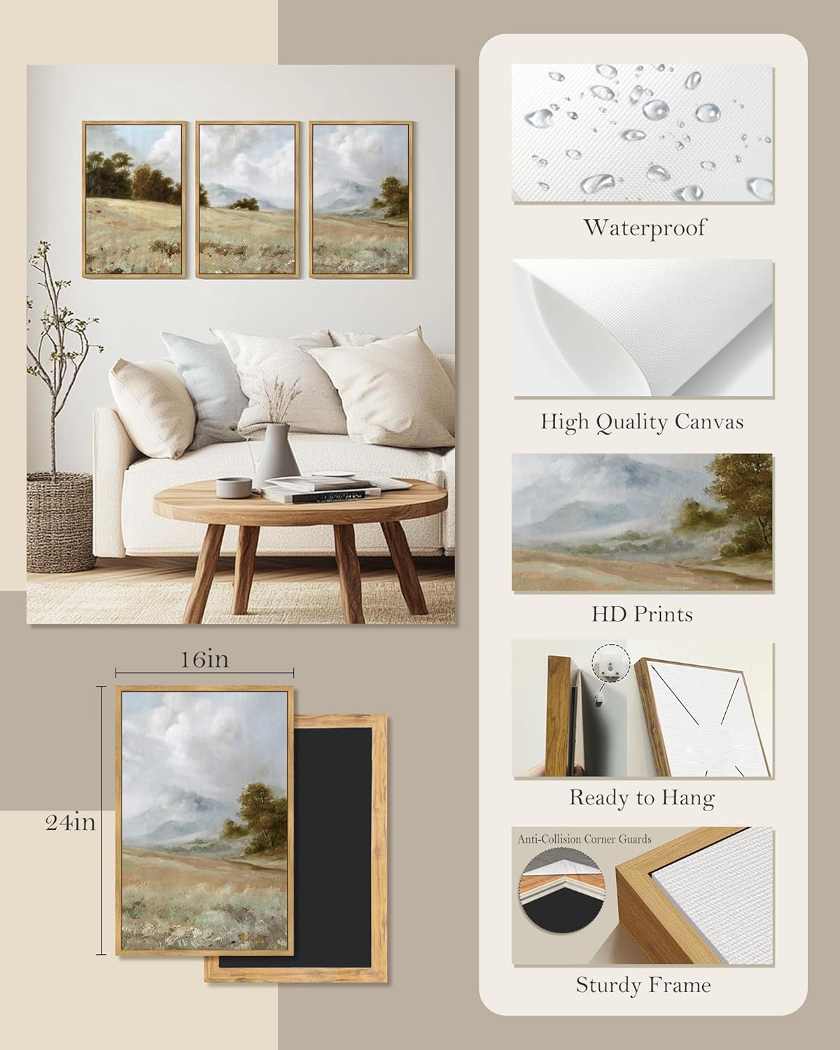 SHENIFY Vintage Landscape Framed Wall Art Grassland Classic Wall Prints Farmhouse Bathroom Office Decor - 16x24in3pcs Natural Framed