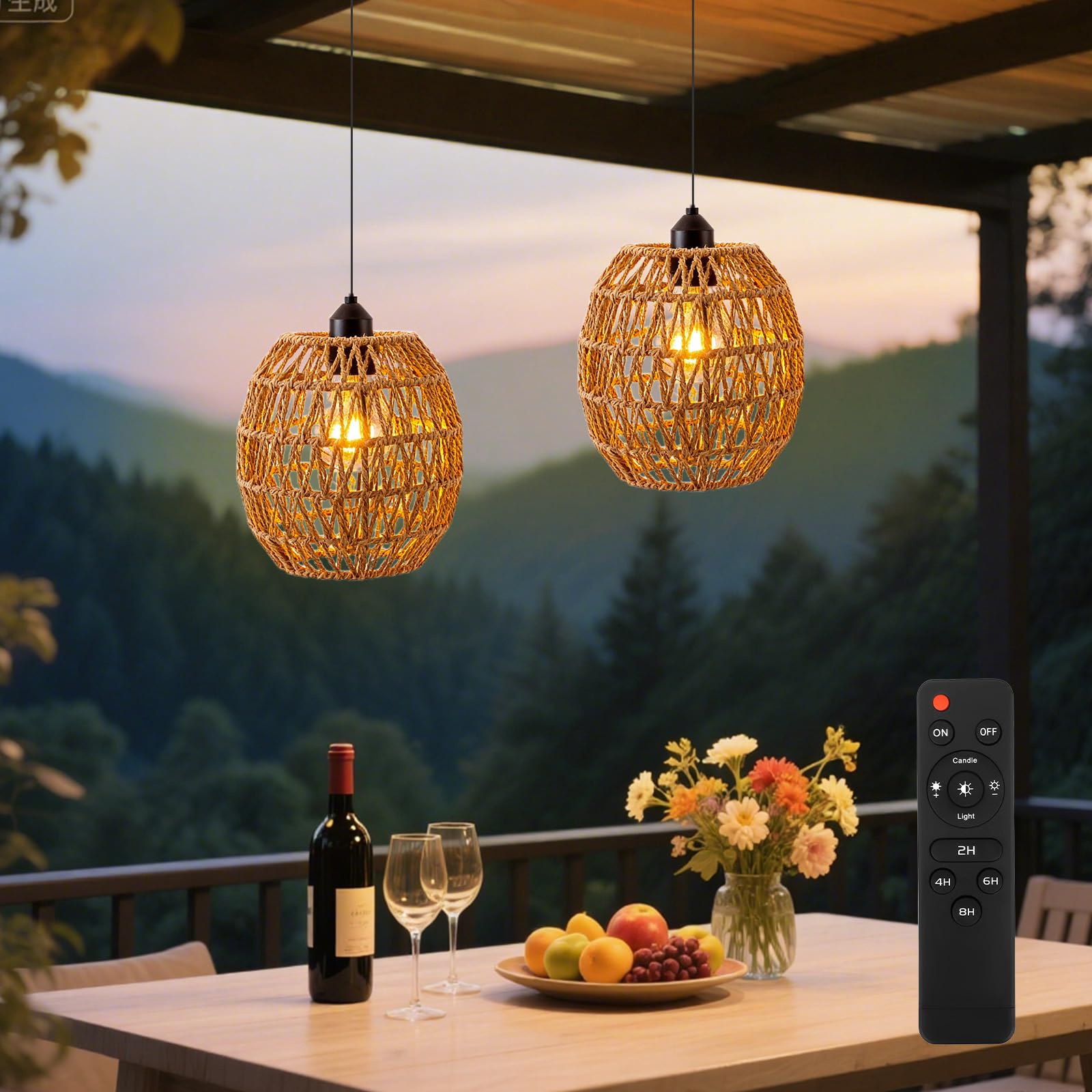 Hängelampe Rattan, 2 Stück Vintage Pendelleuchte Akku, Lampenschirm Hängelampe Boho Ohne Strom, E27 Outdoor Hängend Lampe für Patio Bar Garten Terrasse Wohnzimmer Schlafzimmer