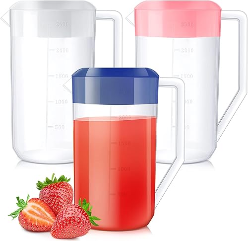 Juego de 3 jarras de agua de 0.67 galones de 2.5 litros, jarra de plástico con tapa, medición de 3 posiciones para bebidas frías calientes, jugo de