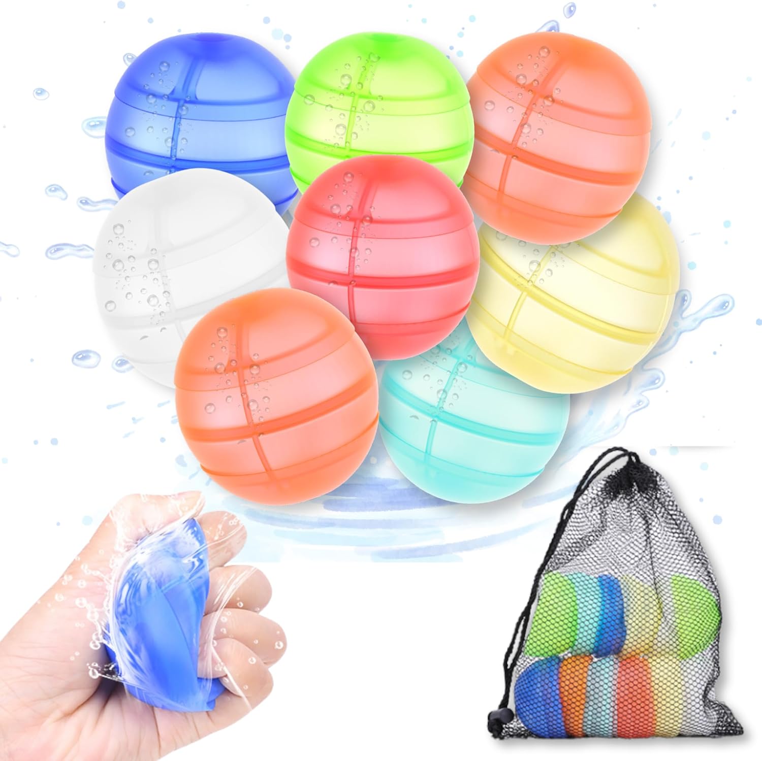 Reusable Water Balloons – 8 Pack for Kids Ages 3-12, Water Balloons Quick Fill 1000, Pool Games, Soft-Touch, Self-Sealing, Eco-Friendly, Non-Toxic, Durable, Summer Outdoor Play