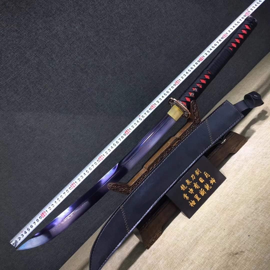 Lin Sword,Samurai Sword,Hand Forged,Folding Steel Blue Blade,Leather Scabbard,Alloy Tosogu,Full Tang