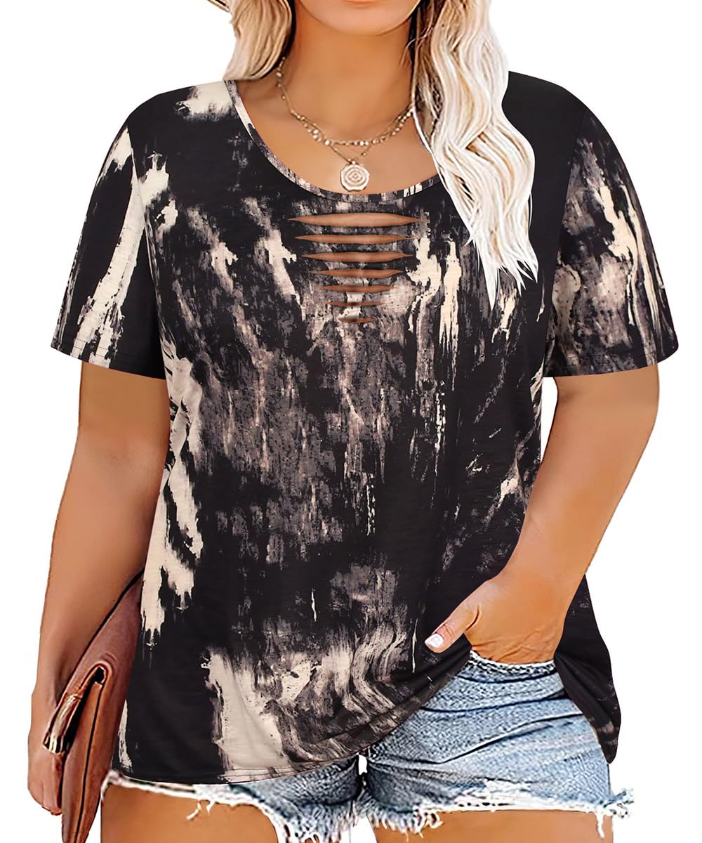 CARCOS Plus Size Tops for Women Short Sleeve Shirts Basic Tee Solid Color Blouse V Neck Tunic Loose Fit Tshirts Summer XL-5XL