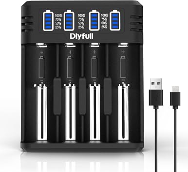 Dlyfull 18650 Battery Charger, Fast Universal Charger for 3.7V Li-ion IMR INR ICR 21700 10340 17335 17670 18500 18700 20700 26650 and 1.2V Ni-MH/CD AAAA AAA AA A C SC Rechargeable Batteries 4 Bay