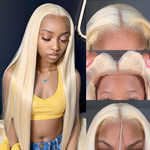 613 Wear and Go Glueless Wig Precut Lace Blonde 4x4 Closure Wigs Human Hair Pre Plucked HD Transparent Lace 180% Density Straight Lace Front Wigs Human Hair Glueless Wig for Beginners (28 inch, wear and go glueless wig)