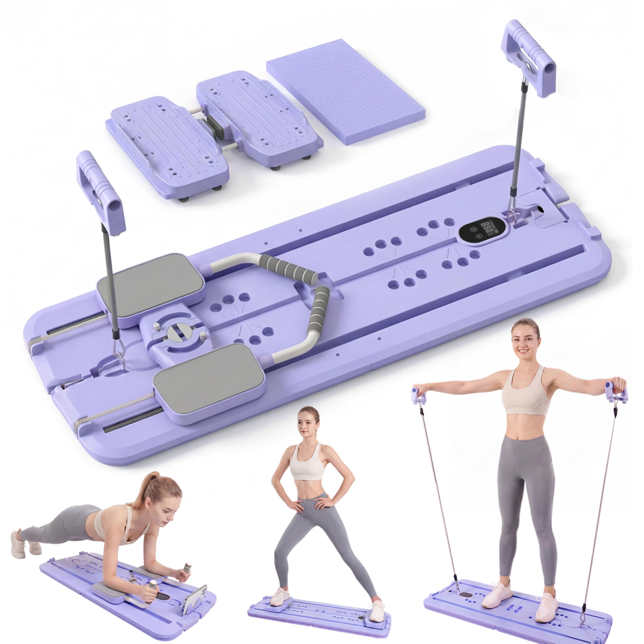 MaxU Pilates Board Reformer, Faltbares Pilates-Brett mit Ski-Modul, 3-stufigen Widerstandsbändern, Zähler für Kalorien/Zeit/Wiederholungen, 450 lbs Tragkraft, Handyhalter, Home Workout