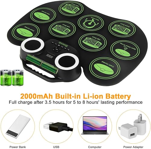 Miniatura 6 de Kit de batería electrónica, batería digital enrollable portátil con 9 almohadillas, MIDI, DTC, altavoces duales integrados, batería recargable