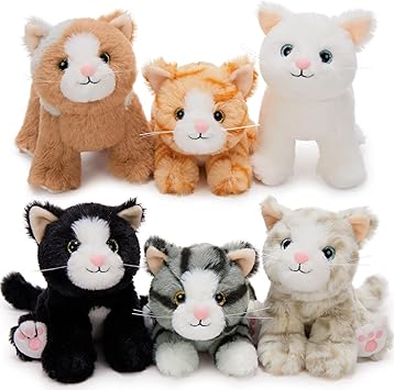 Tezituor 6 Pcs Bulk Kitten Stuffed Animal Set, 7.1" Cute Small Cat Plush Toys Fluffy Kitty Plushies Baby Shower Decor Party Favors Birthday Gifts for Kids Girls Boys