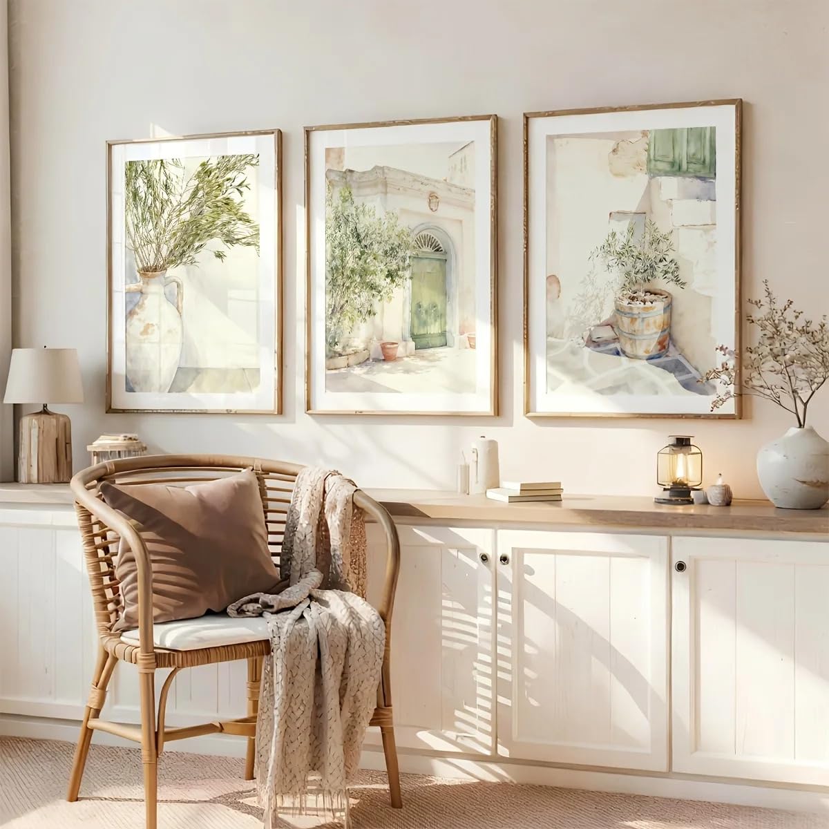 Dittelle Set aus 3 mediterranen Aquarell-Leinwanddrucken, sanft neutrale olivgrüne botanische griechische Hof-Wandkunst, Wohnzimmer (30x45cmx3/Innenrahmen)