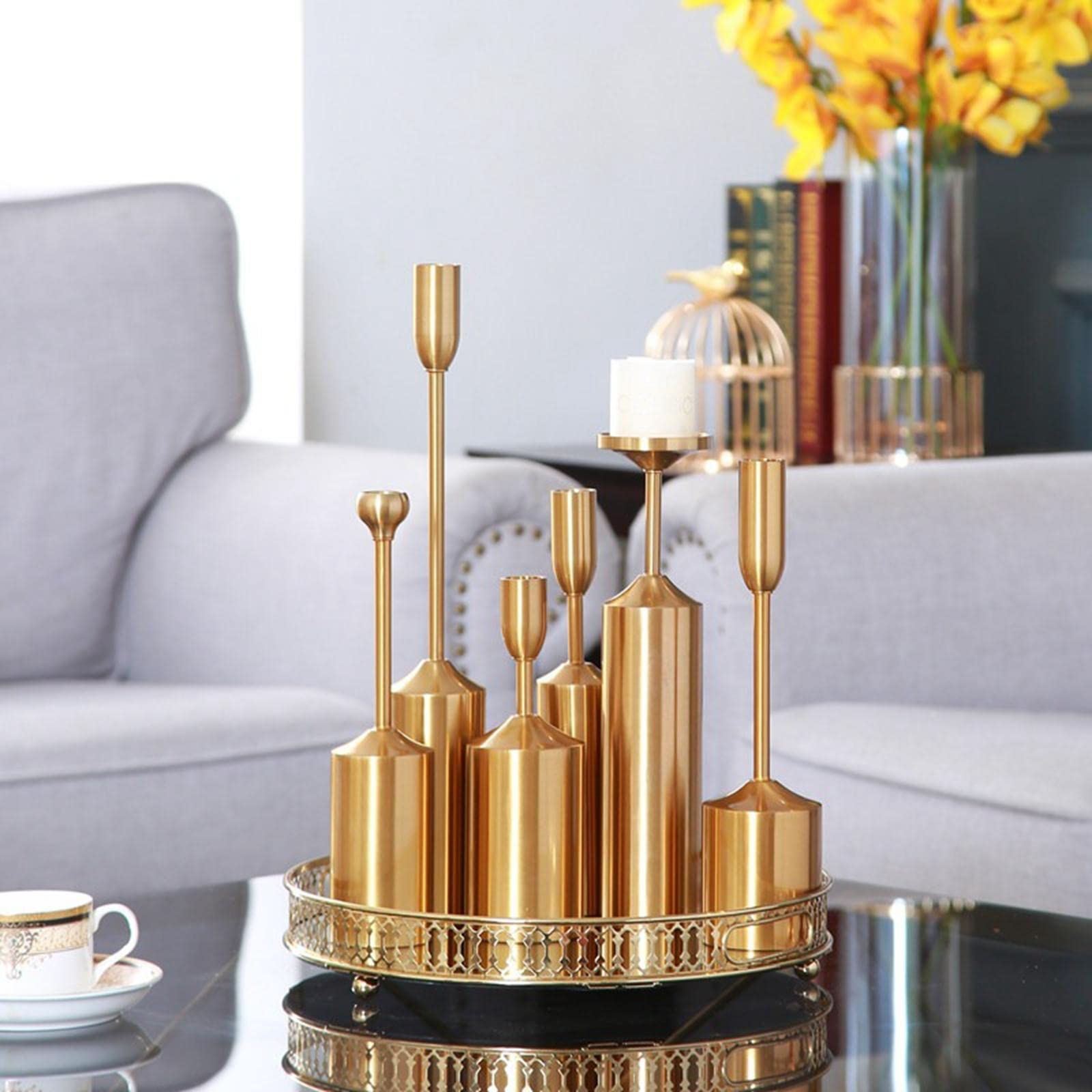 Portavelas Decorativos de Aluminio Dorado Juegos de Candelabros para Velas Cónicas Diseño Elegante Y Anticorrosivo Adecuado para Regalos, Juego de 6, Individual