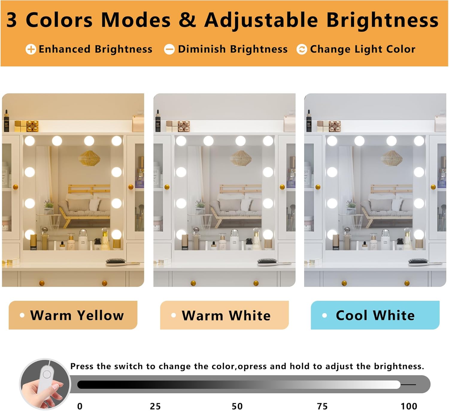 Vanity desk with RGB LED strip lights illuminating the underside of the tabletop in various colors, controlled by an app or switch.