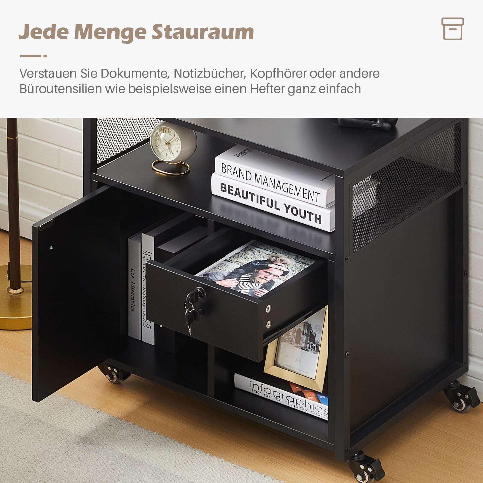 TUKAILAi Caisson de Bureau Rangement Avec USB Port, Caisson Imprimante Mobile à Tiroir Verrouillables, Caisson Imprimante Mobile avec Roulettes pour Format A4 Style Industriel (Noir)