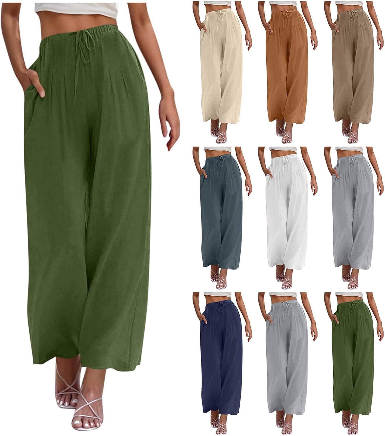 Womens Linen Wide Leg Pants Elastic High Waist Casual Pant Drawstring Loose Flowy Palazzo Trousers with Pockets