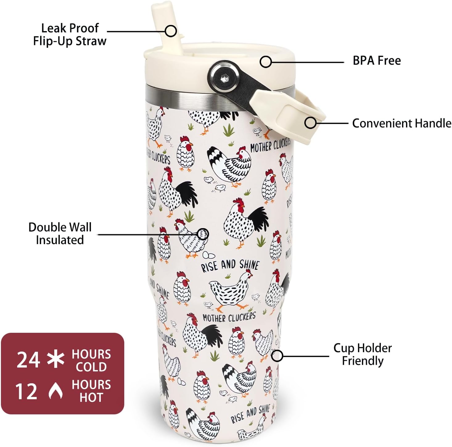 30 oz Tumbler with Handle Flip Straw Leak Proof - Chicken and Rooster Design 30oz Tumbler Travel Coffee Mug with Handle - Birthday Gifts for Women Chicken Lovers 30 Ounce Stainless Steel Cup - Image 2