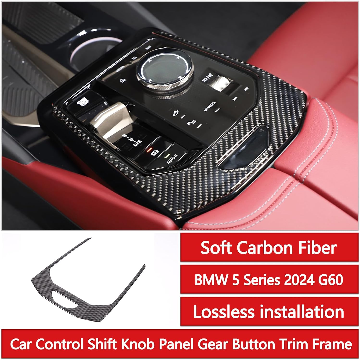 Sekhyna Car Control Shift Knob Panel Gear Button Trim Frame Compatible with BMW 5 Series 2024 G60,Center Console Gear Shift Panel Decoration Cover Sticker Trim Accessories 1PCS (Black Carbon)