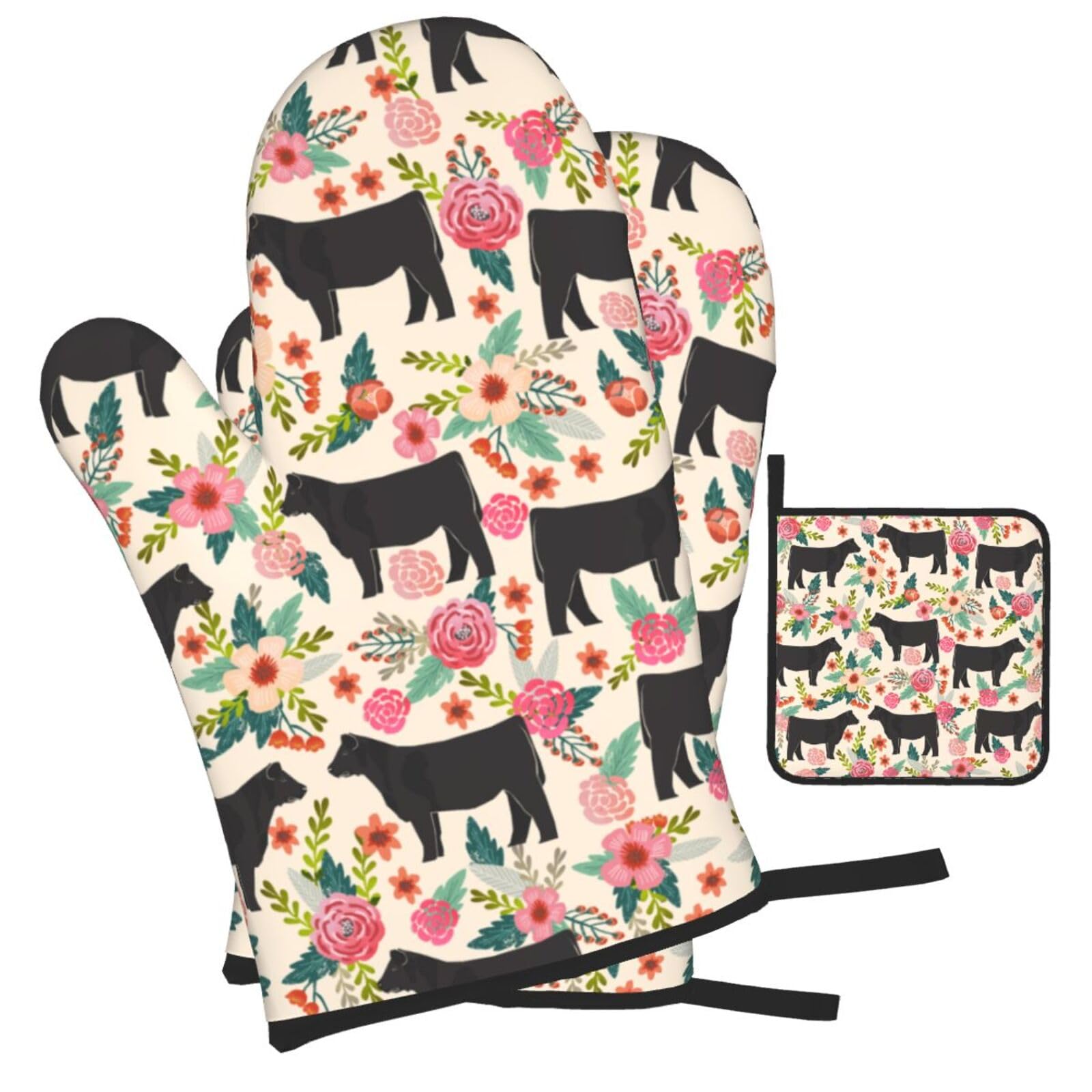 Flower Show Steer Cows Cattle Printed Oven Mitts and Pot Holders Heat Resistant Set of 3 Pcs, Modern Kitchen Gloves & Potholders for Cooking Baking Grilling