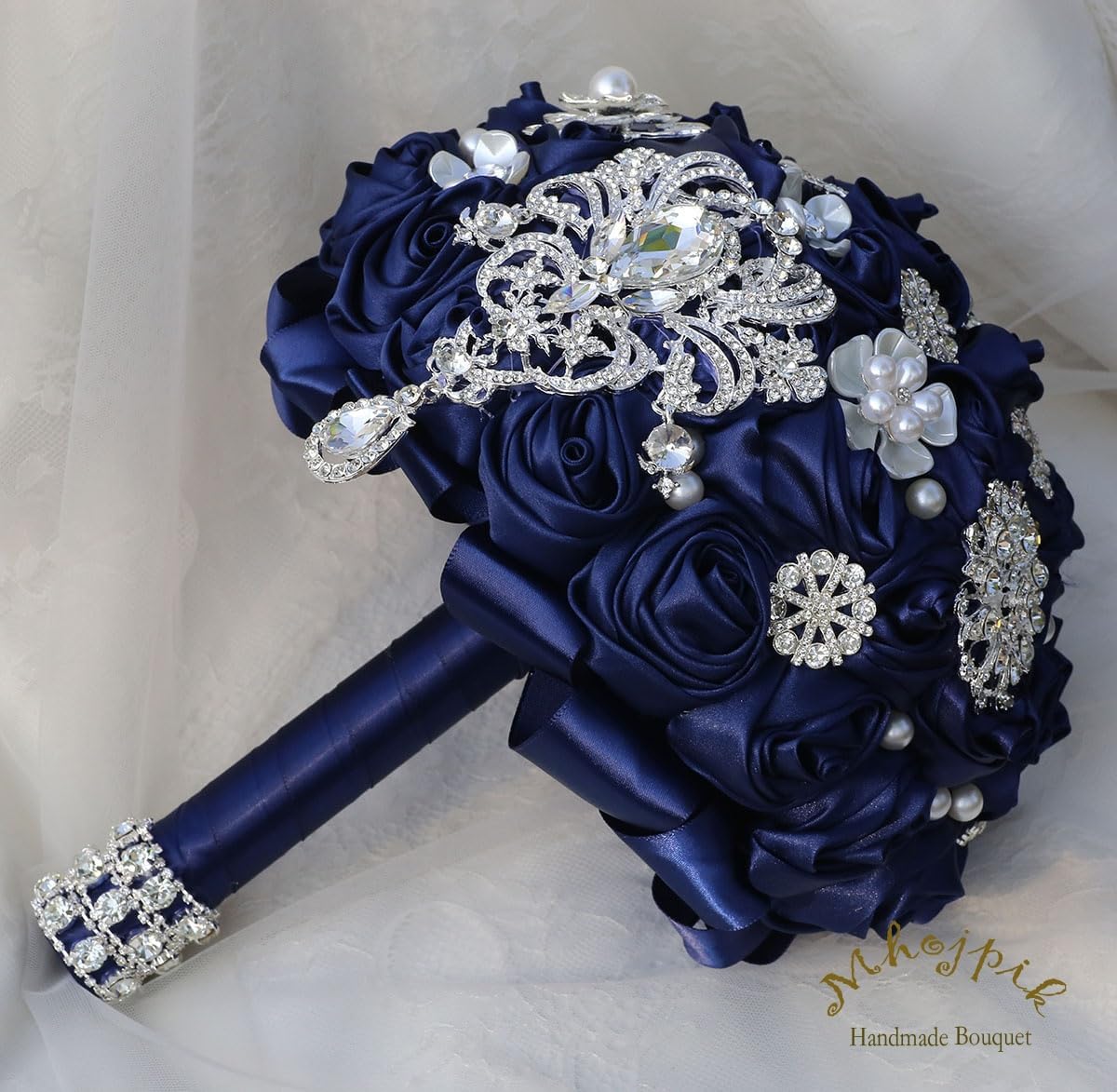 Bridal Wedding Bouquet Round Bling Brooch Bouquet Artificial Rose Flower Bunch for Bride Bridesmaid Wedding Quinceanera(Navy Blue, 7.5")