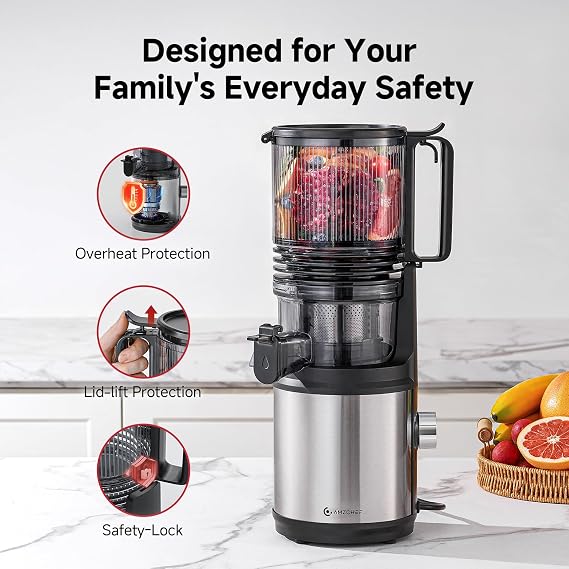 AMZCHEF Cold Press Juicer, Self-Feeding Juicer with 160mm Wide Chute & 2L Hopper for Whole Fruits and Vegetables, Powerful DC Motor & Triple Filter, High Juice Yield, Easy to Clean, Stainless Steel