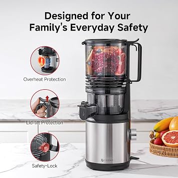 AMZCHEF Cold Press Juicer, Self-Feeding Juicer with 160mm Wide Chute & 2L Hopper for Whole Fruits and Vegetables, Powerful DC Motor & Triple Filter, High Juice Yield, Easy to Clean, Stainless Steel