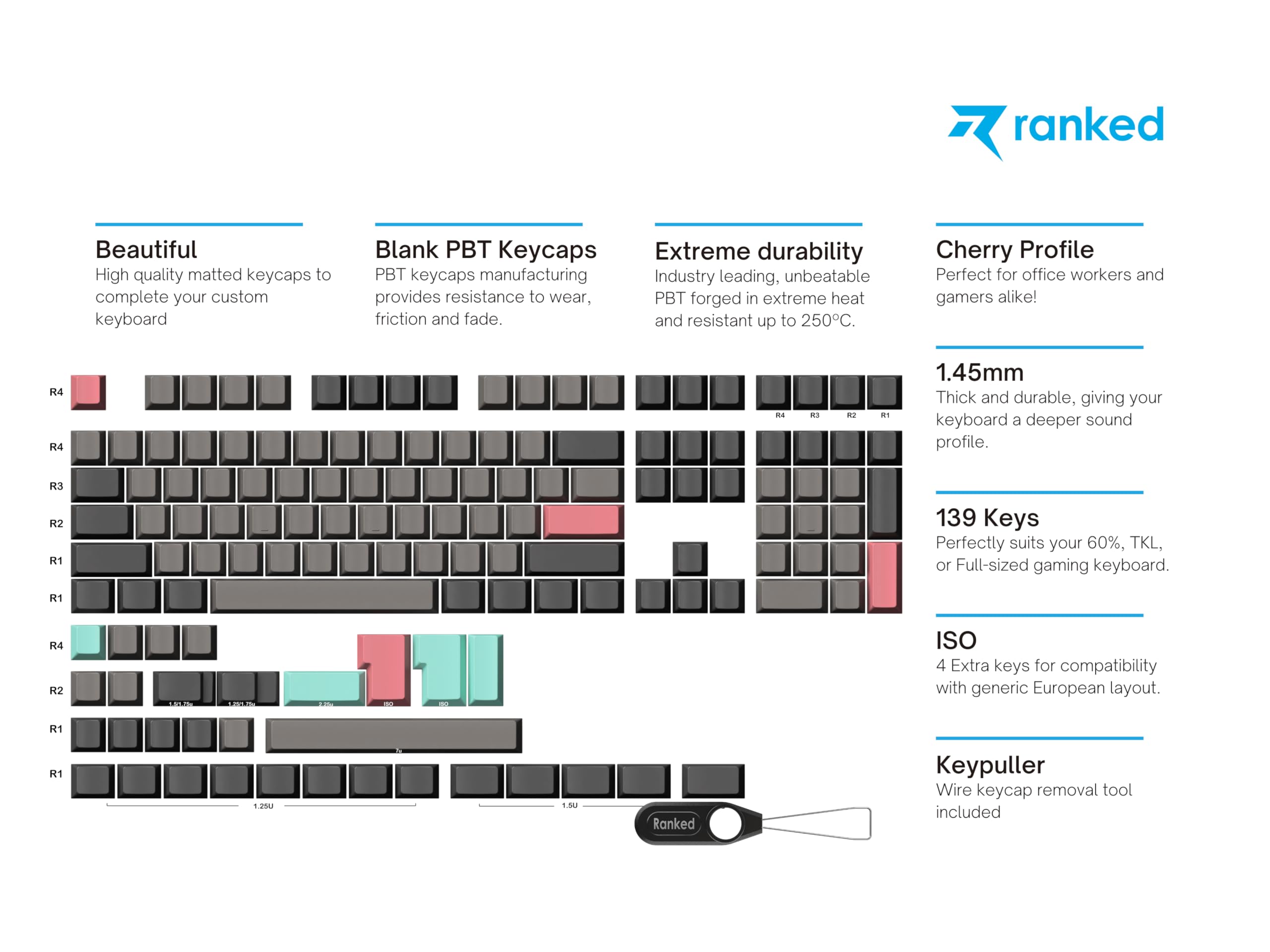 Ranked Leeres Premium-Tastenkappen-Set | 1,4 mm Dickes PBT | Cherry-Profil für Mechanische Tastatur (Dolch, 139 Tasten)