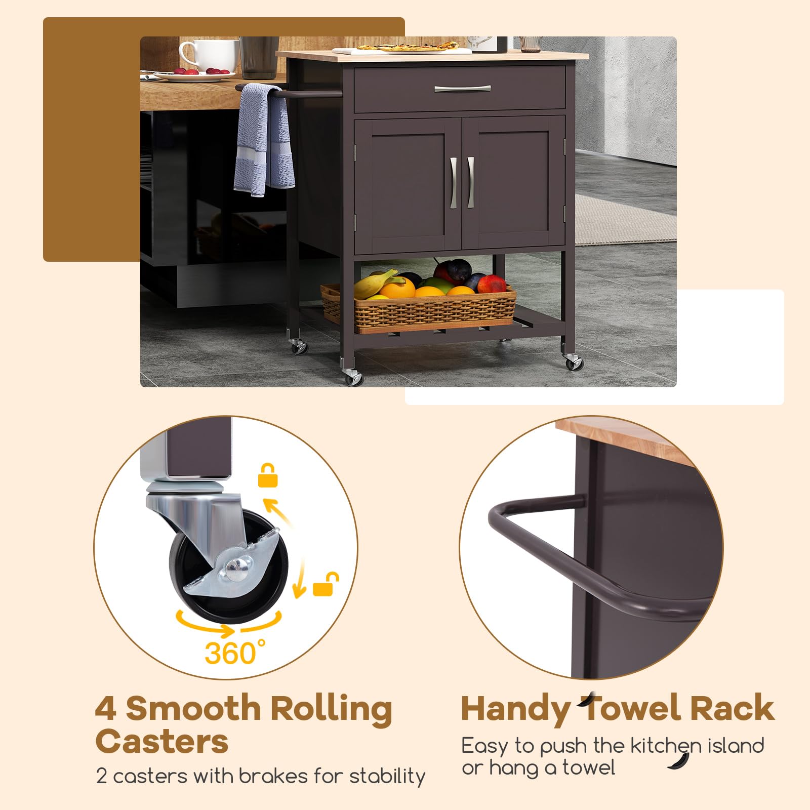 KOMFOTTEU Chariot de Cuisine, 1 Tiroirs & 1 Armoire à Porte, Desserte de Service avec Plan de Travail en Bois Massif, Desserte à roulettes, Plateau inférieur, 73 x 48 x 90 cm (Marron)