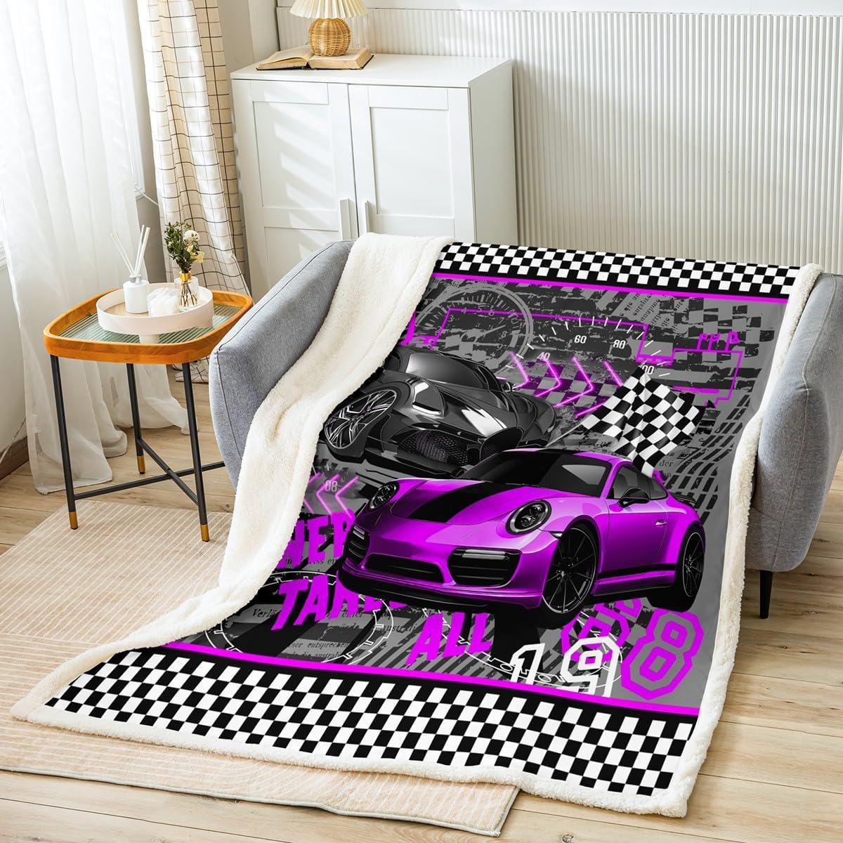 Purple Race Car Bed Blanket Kids Girls Extreme Sports Sherpa Blanket Soft Cozy Lightweight Black White Grid Plush Fleece Cool Cars Blanket Gifts for Bed Chair Office Sofa(Throw 50"x60")