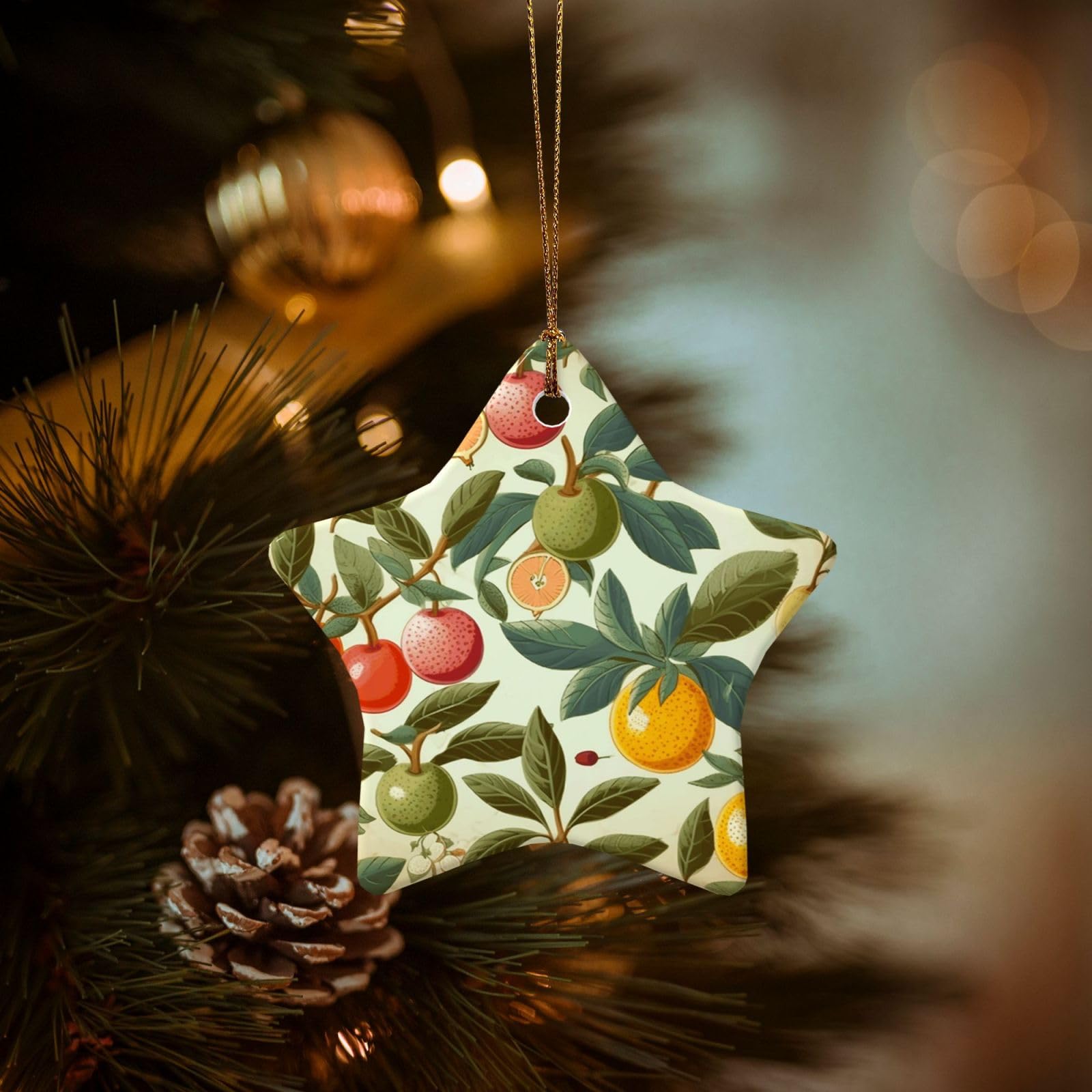 Christmas Ornaments for Christmas Tree Decoration Hanging Plants and Fruits Ornament with Gold Ribbon Crafts Star Shape Ceramic Pendant for Keepsake Gifts Xmas Decor Party Supplies