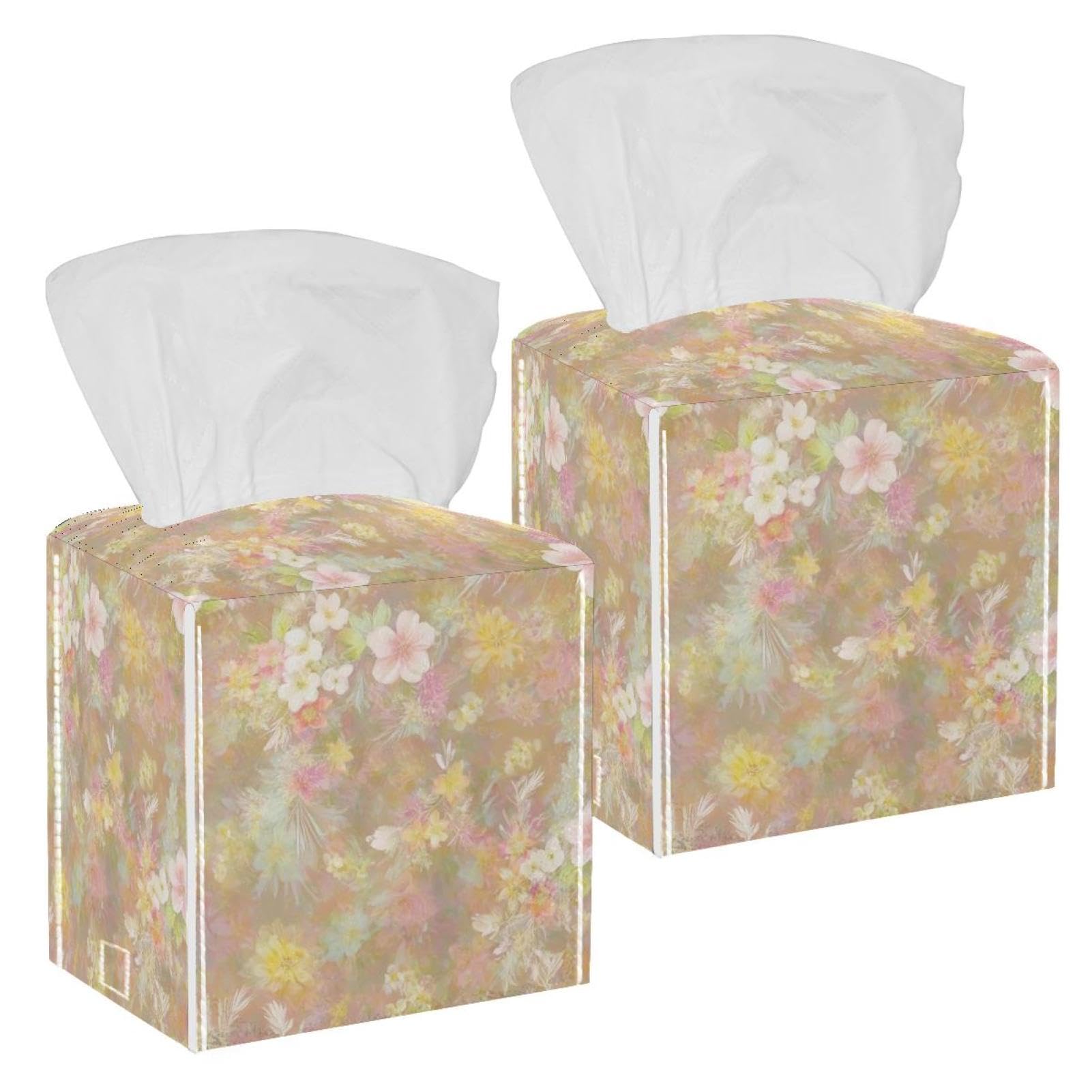 Aesthetic Flower Tissue Box Cover, 2 Pack PU Leather Square Facial Tissue Dispenser Box holder for Home Office Car