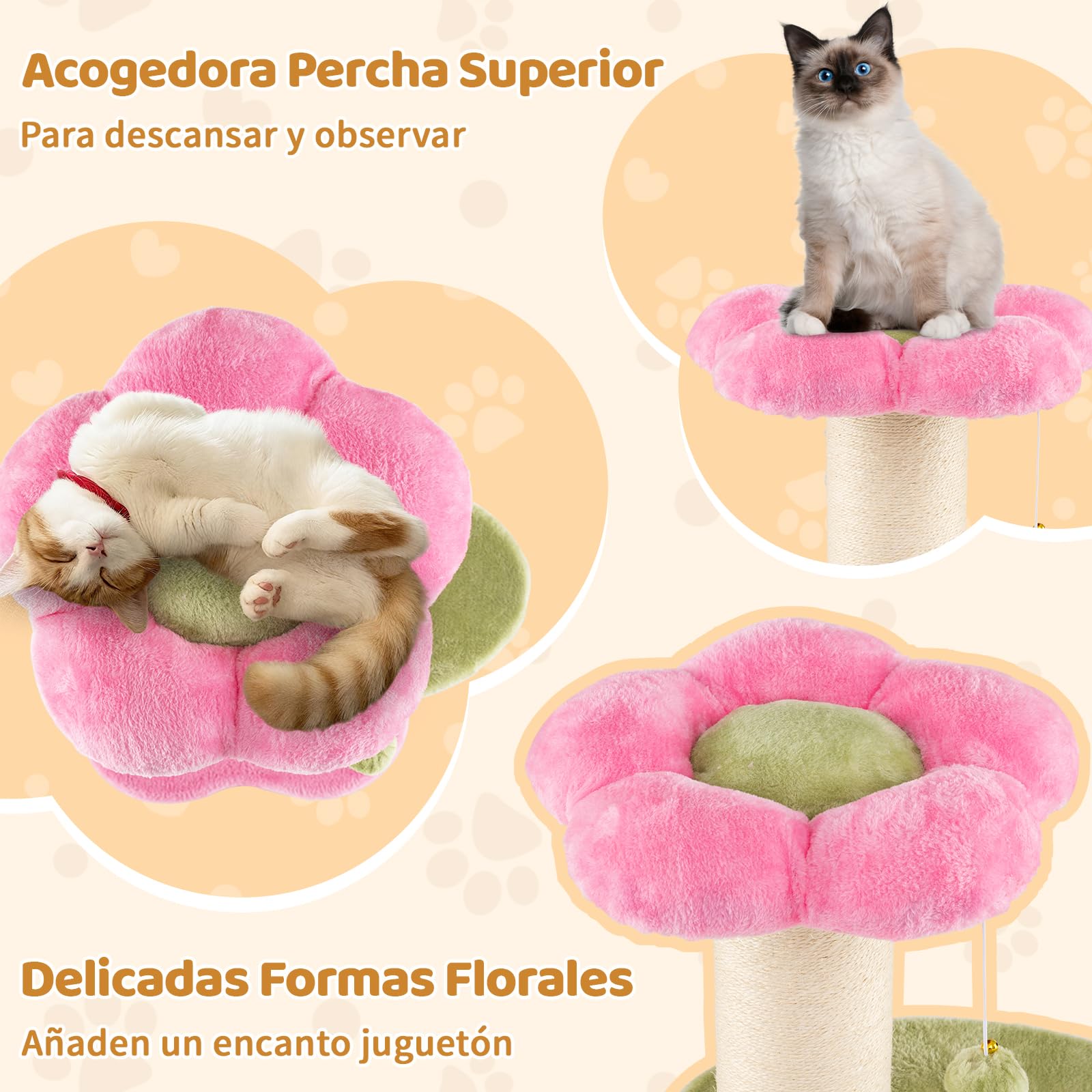 GOPLUS Árbol para Gatos de 69 CM de Altura, Pequeña Torre para Gatitos en Forma de Flor con Percha de Felpa Acolchada, Rascador de Sisal, Pelota Colgante y Cepillo, Parque para Mascotas (Rosa)