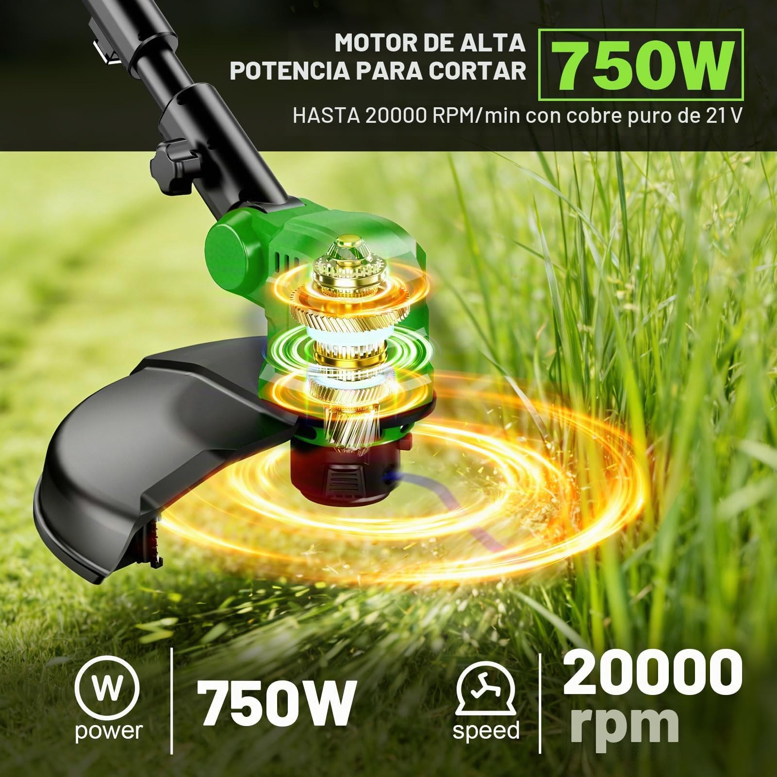 Desbrozadora Bateria con Ruedas,36CM Desbrozadora Electrica con 2 * 3.0 Ah Baterías,800W Motor sin Escobillas,4-in-1 Cortadora de Césped con 8 Bobinas de Repuesto para Jardín y Césped