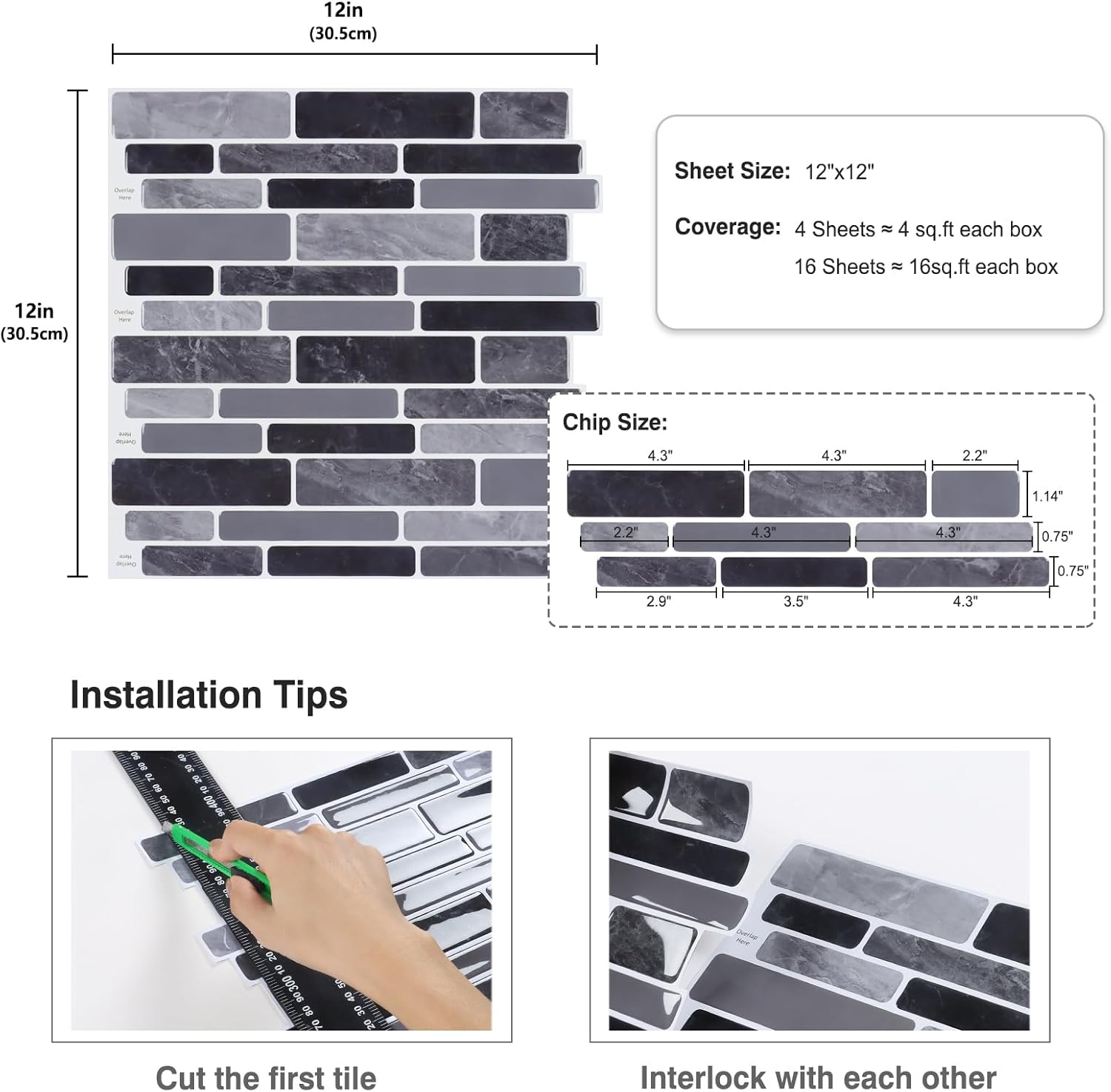 CRE8TIVE 16 Sheets Grey Peel and Stick Tiles for Kitchen Wall Tile Waterproof Bathroom Backsplash Stick on Tile Marble Brick Adhesive Removable Backsplash for Renters Shower Walls Fireplace 12"x12"