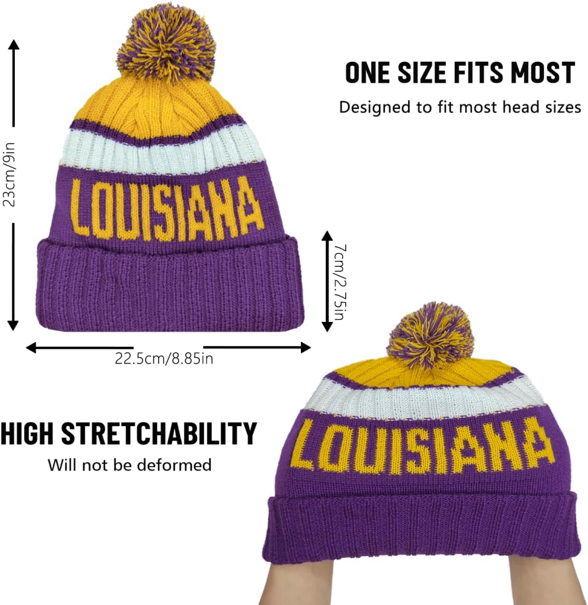 Beanie Knit Hat with Pom Winter Cuffed Cap Sport Fans Gift for Men Women - Image 3