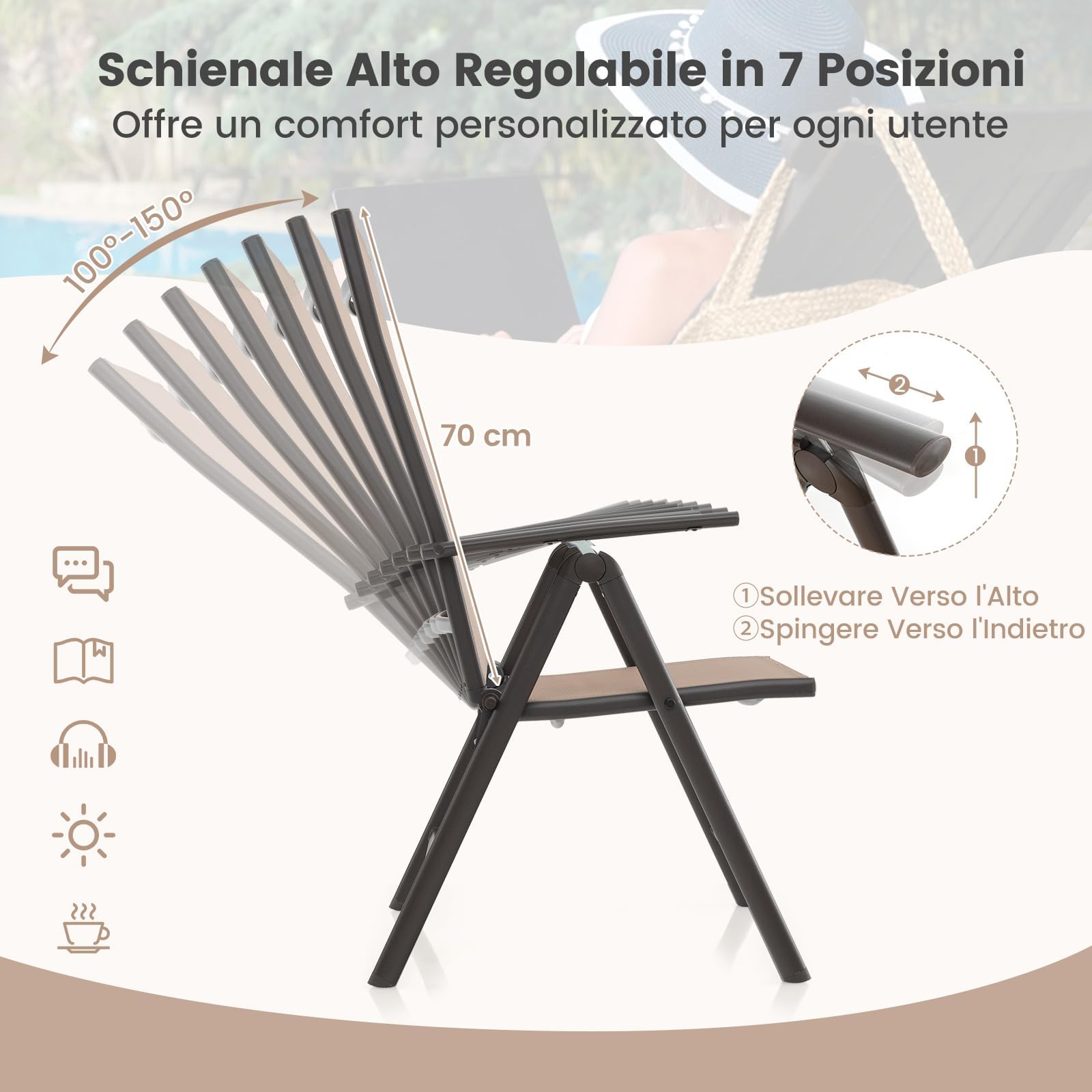 RELAX4LIFE Sedia Pieghevole da Giardino, Schienale Reclinabili a 7 Livelli, Sedia da Esterno Portatili per Giardino, Cortile, Bordo Piscina, Campeggio (Marrone,1)