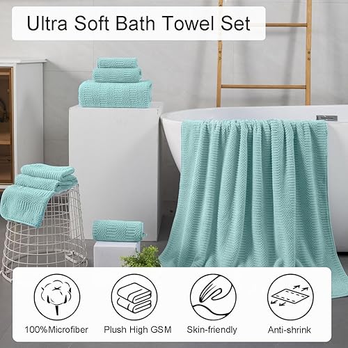 Miniatura 2 de Juego de 8 toallas de baño color turquesa de gran tamaño, 2 toallas de baño extragrandes, 2 toallas de mano, 4 toallas pequeñas, 600GSM, suaves,