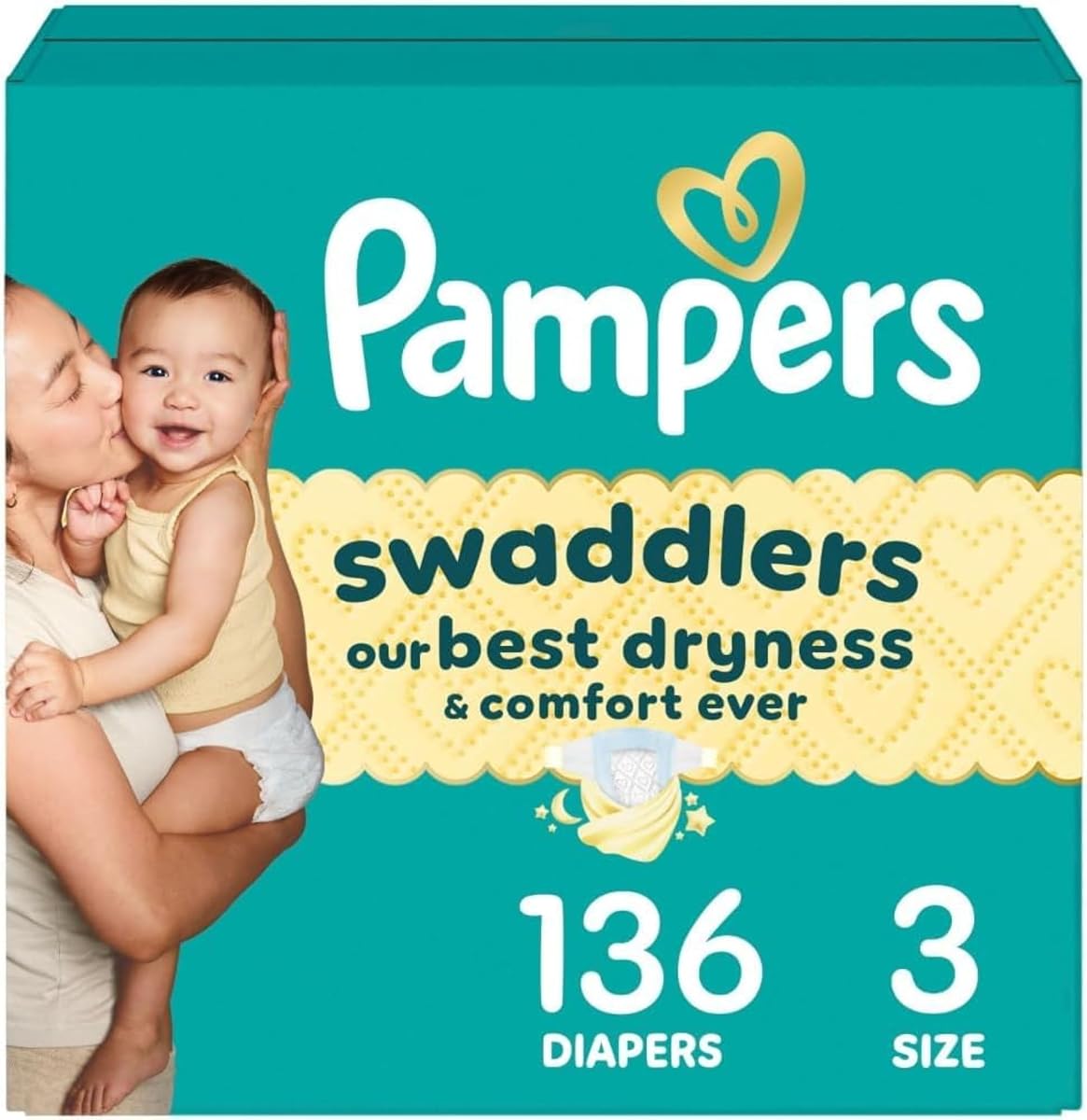 Pampers Swaddlers Diapers, Size 3 (13-26 lbs), 136 Count, Hypoallergenic, Absorbent, Keeps Baby Dry and Comfortable, Skin Safe Disposable Baby Diaper