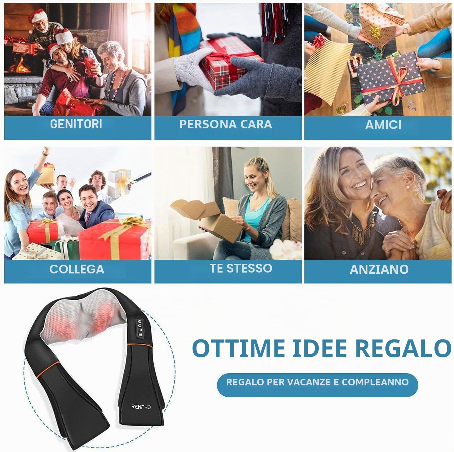 RENPHO Massaggiatore Cervicale, Massaggiatore Collo e Spalle con Calore, Elettrica per Tessuto Profondo Massaggio Impastante 3D Cuscinetto per Vita, Gamba, Polpaccio, Braccio, M