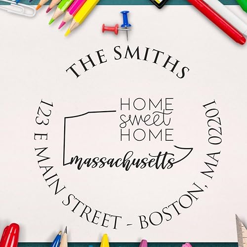 Massachusetts Home Sweet Home - Sello de dirección personalizado, autoentintado, fácil de presionar e imprimir, disponible en 11 colores de tinta, disponible en Yaxa El Salvador